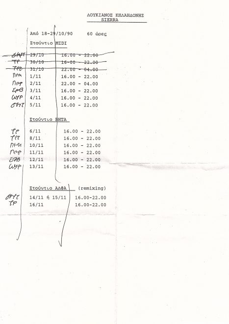 Το πρόγραμμα της ηχογράφησης του δίσκου στο στούντιο Sierra (18-29 Οκτωβρίου 1990