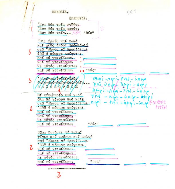Χειρόγραφες σημειώσεις του συνθέτη στο τραγούδι της «Έναρξης» από την επιθεώρηση «Και συ χτενίζεσαι» (Άλσος Παγκρατίου, καλοκαίρι 1973