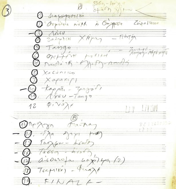 Χειρόγραφη σημείωση του συνθέτη για την σειρά των τραγουδιών της παράστασης