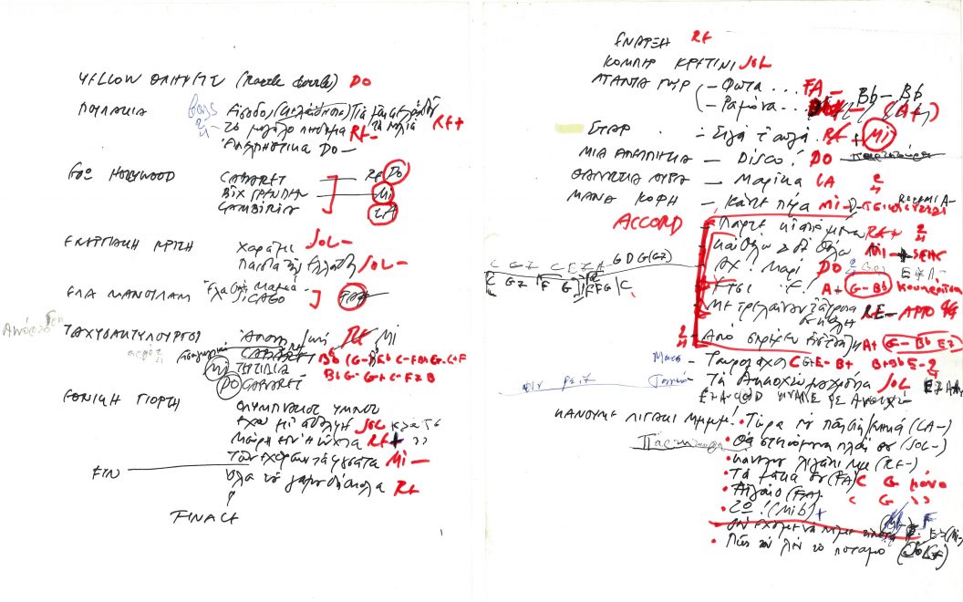 Χειρόγραφες σημειώσεις του συνθέτη με τα τραγούδια και τα νούμερα της παράστασης