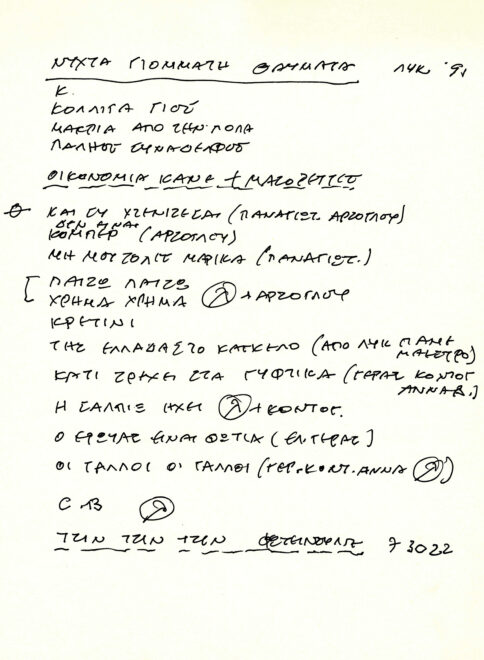 Χειρόγραφο του συνθέτη με τη λίστα των τραγουδιών της συναυλίας